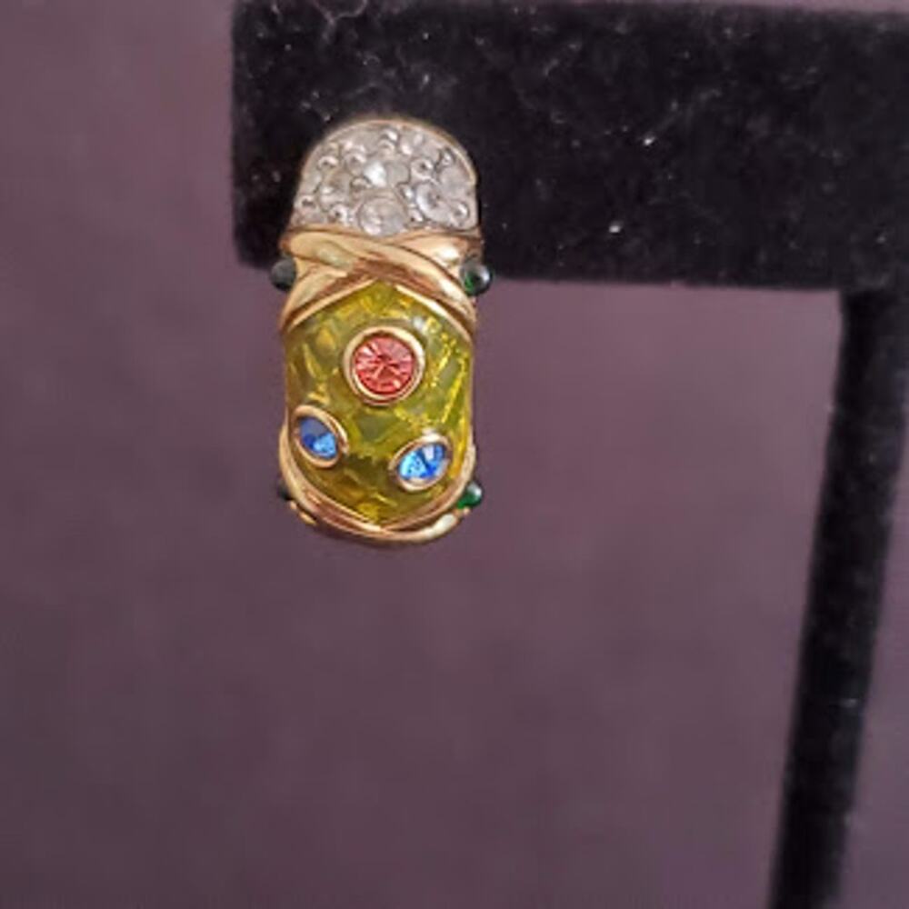 Swarovski Gold‎ Tone Multi Color Crystal Enamel J-Hoop Pierced Earrings Signed